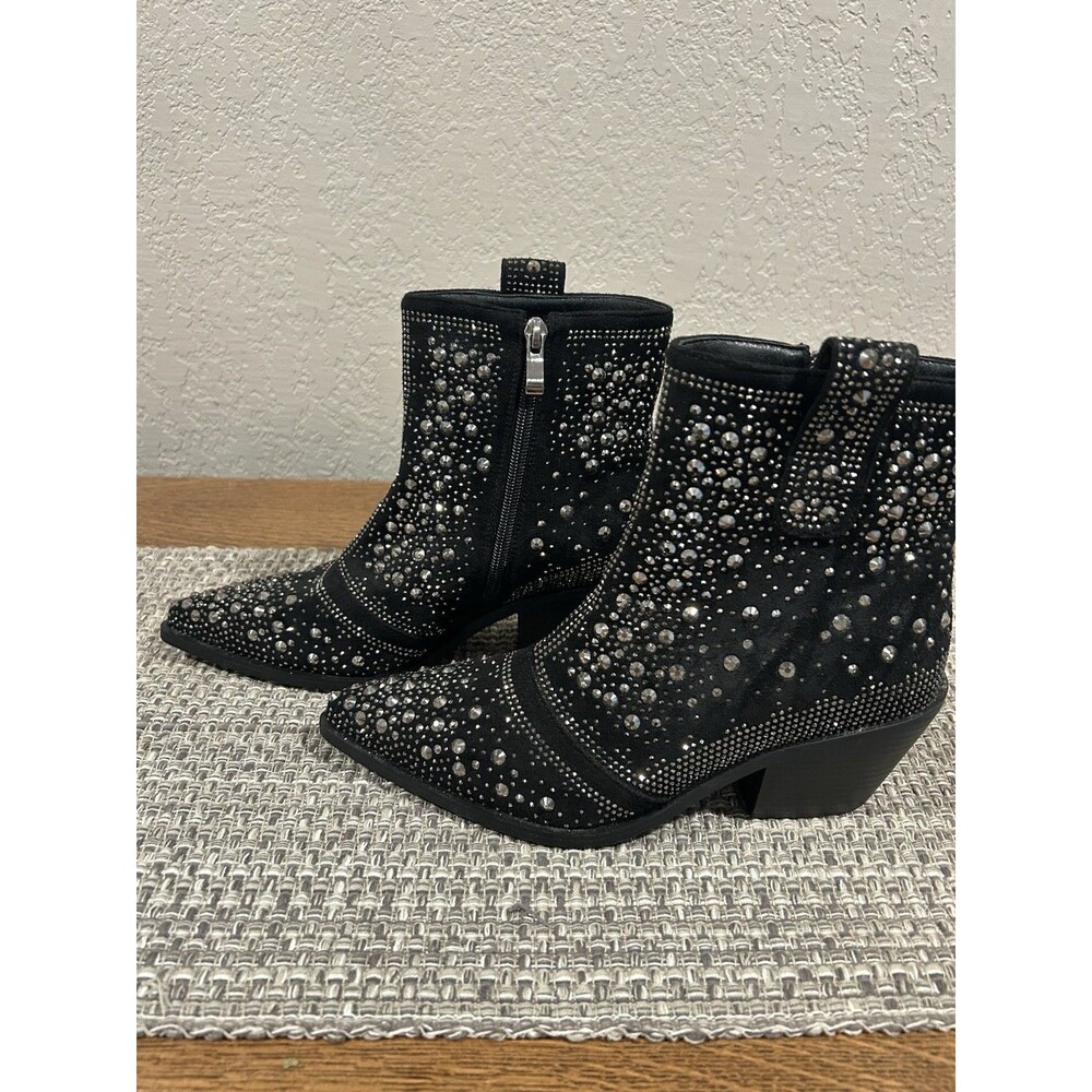 Isnom Rhinestone Western Boots Black Faux Suede Cowboy Pointed Toe Short 7